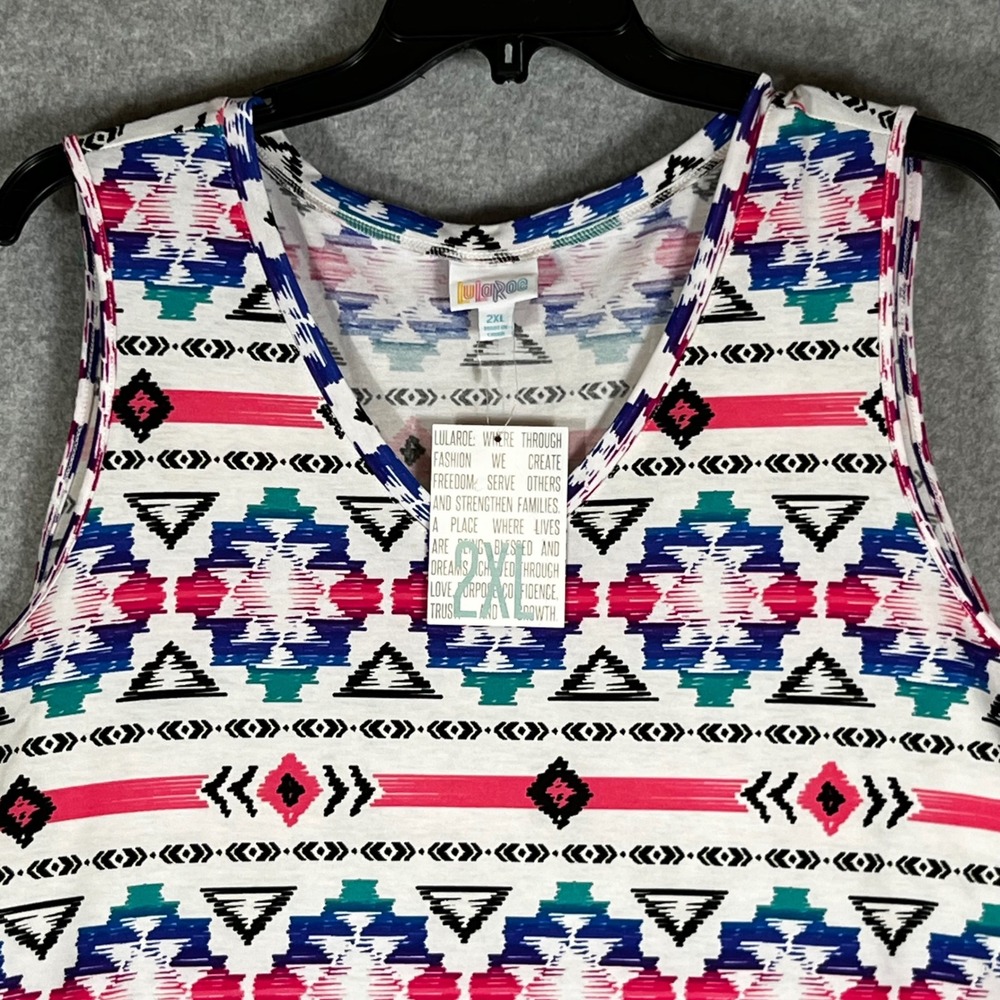 LuLaRoe 2XL Sleeveless Tunic TankTop Pink Blue Geometric Southwestern V-Neck NWT